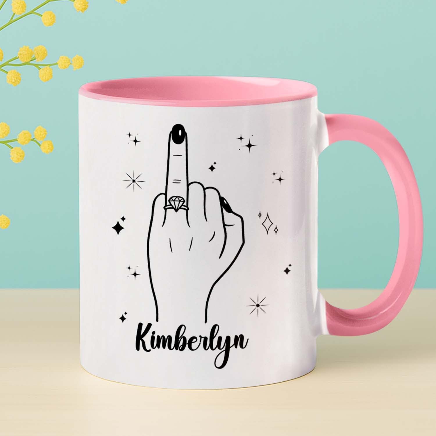 Personalized Ring Finger Coffee Mug With Name, Custom White Cup Gift For Wedding Engagement Bridal Shower Bachelorette, Ring Accent Coffee Cup For Her Girlfriend Bride Wife, Just Married Mug 11 15Oz