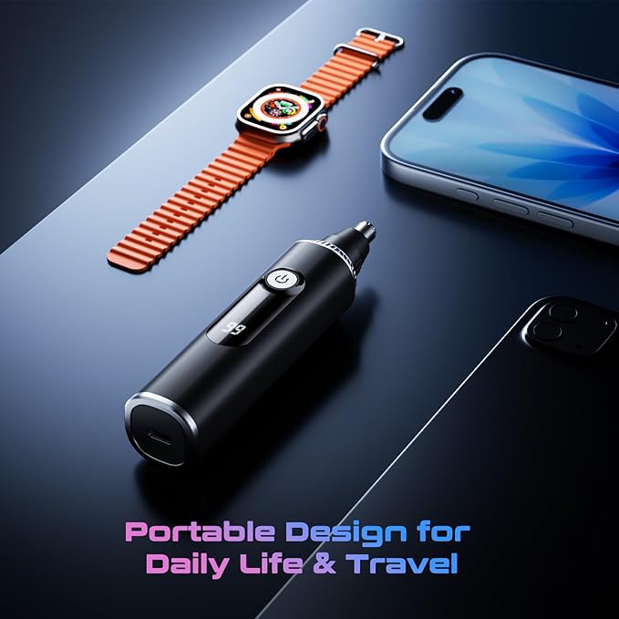 Nose Hair Trimmer for Men and Women, USB Rechargeable Electric Facial and Ear Hair Remover with LED Display, Dual-Edge Blades for Smooth, Painless Eyebrow Grooming (Black)