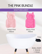 Luxury Baby Bathtub with Wooden Stand – 3-Stage Convertible, Ergonomic & Back-Saving Design (Pink Bundle)