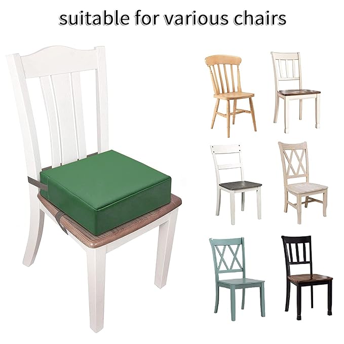 Toddler Booster Seat for Dining Table, PU Washable Double Safe Straps Non-Slip Bottom Booster Seat Dining Toddler, Portable Travel Increasing Cushion (Dark Green)