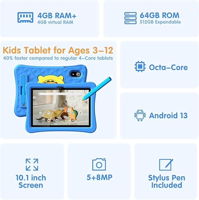 10.1 Inch Kids Tablet with Stylus & Case | Octa-Core 8GB RAM 64GB ROM | 7000mAh Android Tablet for Ages 3-12 | Parental Control, Pre-Installed Apps & GMS Certified