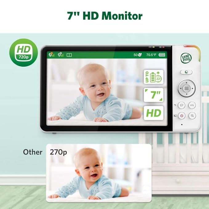 LeapFrog Color Night Vision Video Baby Monitor with 7" HD 720p Display, 360° Pan & Tilt, 8X Zoom, Night Light, Humidity & Temperature Sensor, Up to 1000ft Long Range, Secure Transmission: LF920HD