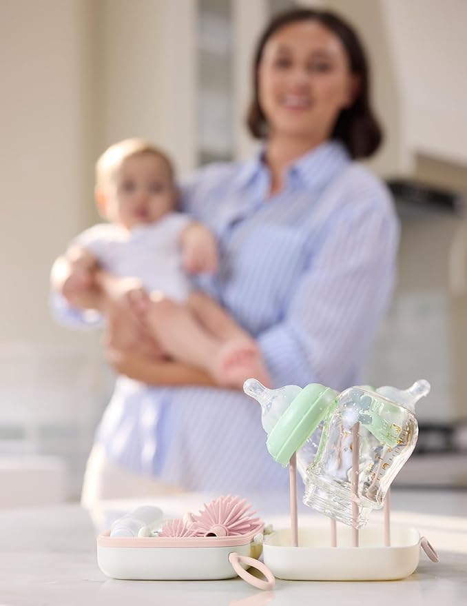 Momcozy Bottle Brush Set - Baby Bottle Cleaner Kit with Silicone Brush, Nipple Brush, Straw Brush, Soap Dispenser, Drying Rack - 7 in 1 Bottle Cleaning Tool for Home and Travel, Pink