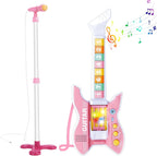 deAO Kids Guitar and Microphone Set with Stand Adjustable Height Music Light Karaoke Music Toys Christmas Birthday Gift for Kids Boys Girls (Pink)