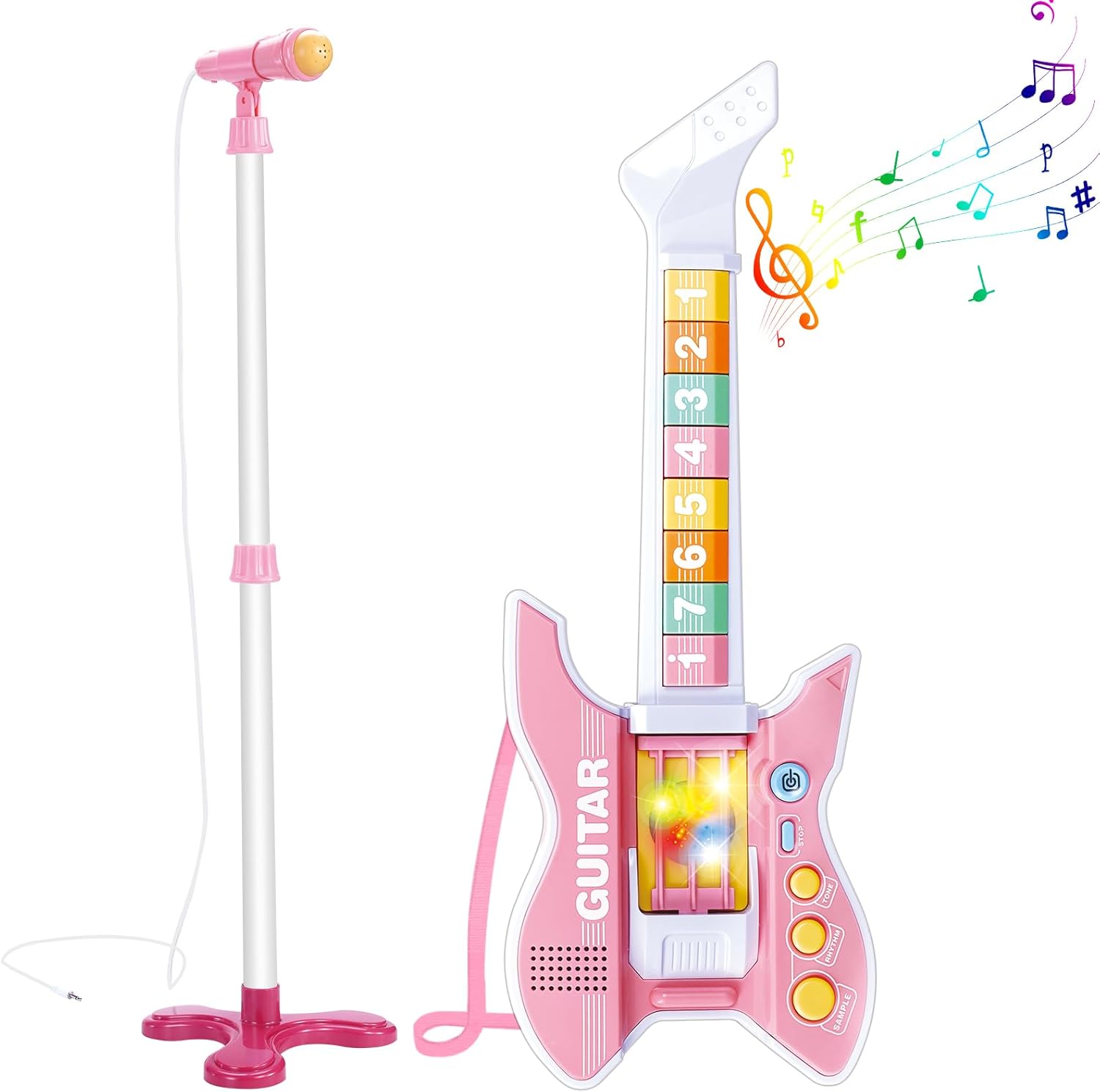 deAO Kids Guitar and Microphone Set with Stand Adjustable Height Music Light Karaoke Music Toys Christmas Birthday Gift for Kids Boys Girls (Pink)
