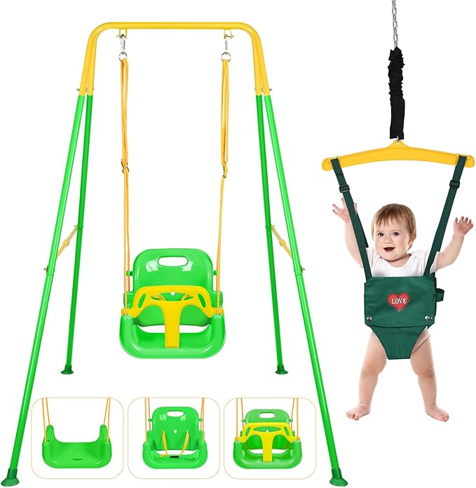 4-in-1 Swing Set & Baby Jumper and Bouncer for Toddler, Heavy Duty Baby Swing Set with Foldable Metal Stand for Indoor & Outdoor Play (Green)