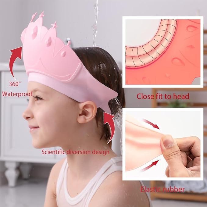 Baby Shower Cap Shield, Baby bath set shower cap, Visor Hat for Eye and Ear Protection for 0-9 Years Old Children,Cute Crown Shape Makes the Baby Bath More Fun (Pink)