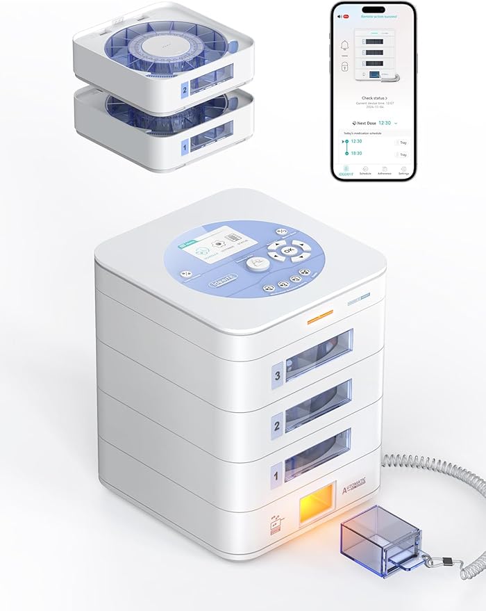 42-Day Automatic Pill Dispenser – App & On-Device Setup by Family, LCD Display, Digital Lock, Sound & Light Alerts – Safe Medication Organizer Management for Seniors (3-Tray, White)