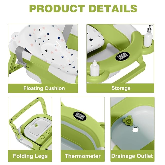 TPN Collapsible Baby Bathtub, Baby Bath Tub with Soft Cushion & Real-Time Thermometer, Baby Bathtub Infant to Toddler Tub (0-36 Months), Portable Travel Baby Tubs for Newborns (Green)