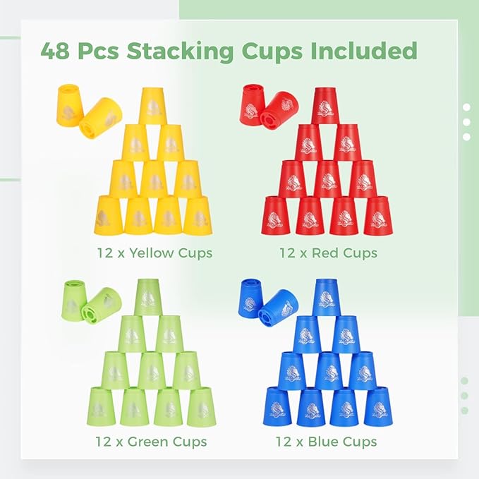 yeesport 48 PCS Sport Stacking Cups with Horse Pattern, Sport Training Game for Challenge Competition, Plastic Stacking Cups, Classic Family Game for Youth and Adults, Red+Blue+Green+Yellow