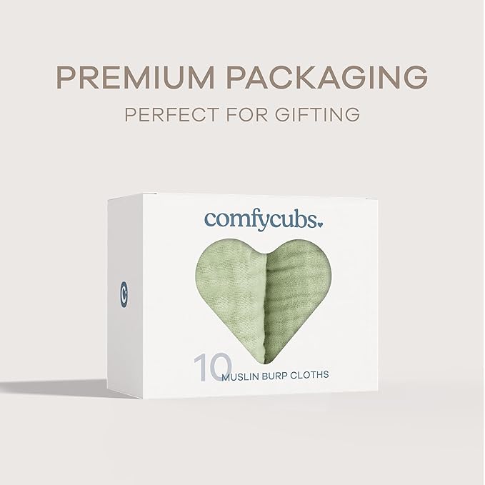 Comfy Cubs Muslin Burp Cloths 20" x 10", Pack of 10 - Large, 6-Layer, Ultra Absorbent 100% Cotton for Baby Drool and Messes - Soft, Safe & Gentle Baby Burp Cloths for Boys & Girls - Sage