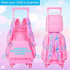 Girls Rolling Backpack, Cute Mermaid Roller Wheels Kids Bookbag - Wheeled Elementary School Bag - 3PCS Mermaid