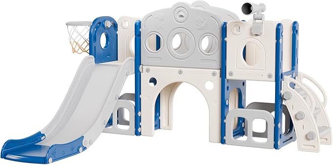 Babytronic Toddler Slide Set, 8 in 1 Kids Slide, Indoor Outdoor Slide for Toddlers Age 1-3, Toddler Playset with Basketball Hoop and Tunnel, Toddler Indoor Outdoor Playground, Blue&Grey