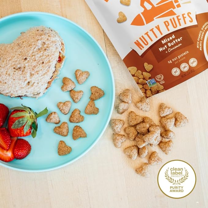Mission Mighty Me Nutty Puffs Mixed Nut Butter Puffs for Babies + Kids - Pediatrician Developed, Plant-Based Gluten-Free Baby Snack - Peanut, Tree Nut, Cinnamon (6 Pack - 5 Pack Plus Peanut Sample)