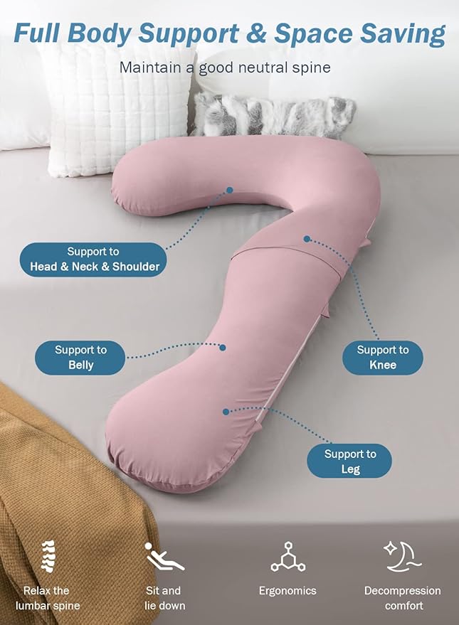 INSEN Pregnancy Pillow for Sleeping,Maternity Body Pillow for Pregnancy Women,Pregnancy Support Pillow for Back, Hip Pain, Pink