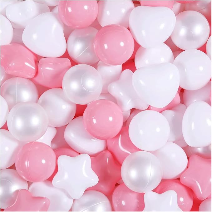 GOGOSO Pink Ball Pit Balls with Star Bals Heart Balls 100 - Crushproof Plasticballs for Babies Toddlers Kids Children for 1 2 3 4 5 Years Old,5 Colors,2.15inches