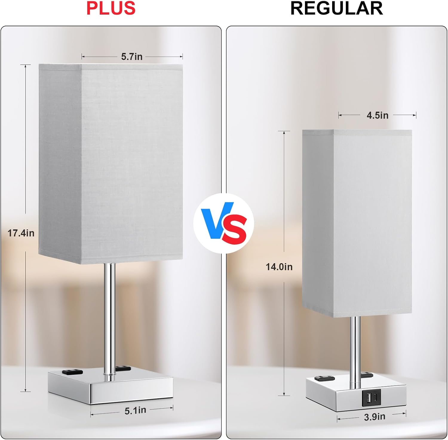 Touch Bedside Table Lamp For Nightstand - 3-Way Dimmable Night Lamp with USB A + Type C Charging Ports and two AC Outlets, Small Desk Light with E26 LED Bulb for Bedroom Living Room, GREY PLUS