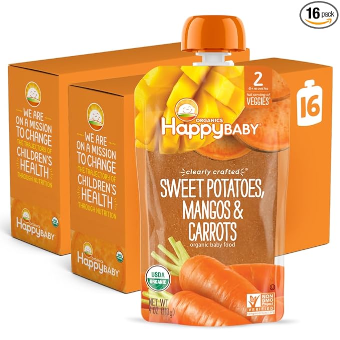 Happy Baby Organics Clearly Crafted Stage 2 Baby Food, Sweet Potatoes, Mangoes & Carrots, 4 Ounce Pouch (Pack of 16)