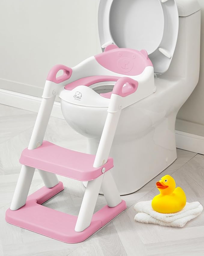 Forbena Girls Potty Training Seat with Step Stool Ladder, Pink Toilet Potty Seat for Baby Girl Toddlers, Kids Chair Stairs with Handles and Soft Cushion (White and Pink)
