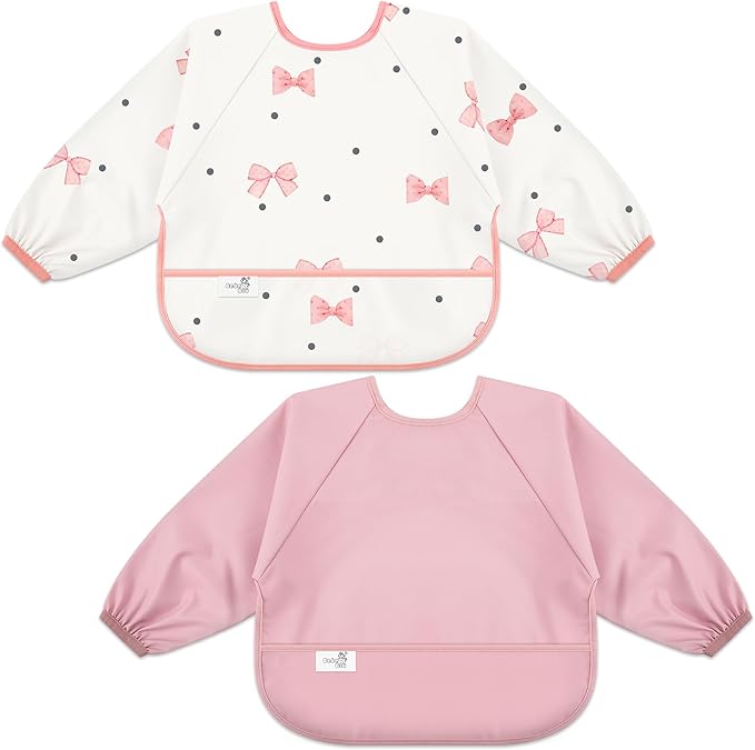 Long Sleeve Baby Bib, Waterproof Fabric, Catch-All Pocket, Baby Smock Bib, Adjustable Sleeves