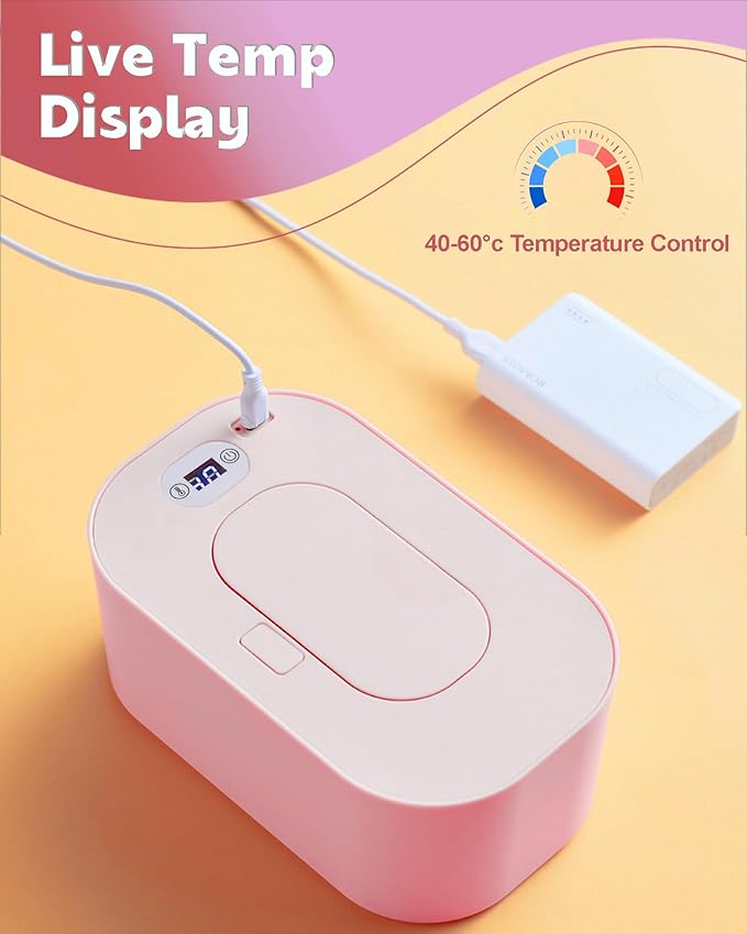 Baby Wipe Warmer, Portable USB Powered Baby Wet Wipes Dispenser Holder with Temperature Control, Paper Towel Heater for Home, Car, Travel (Roseate)