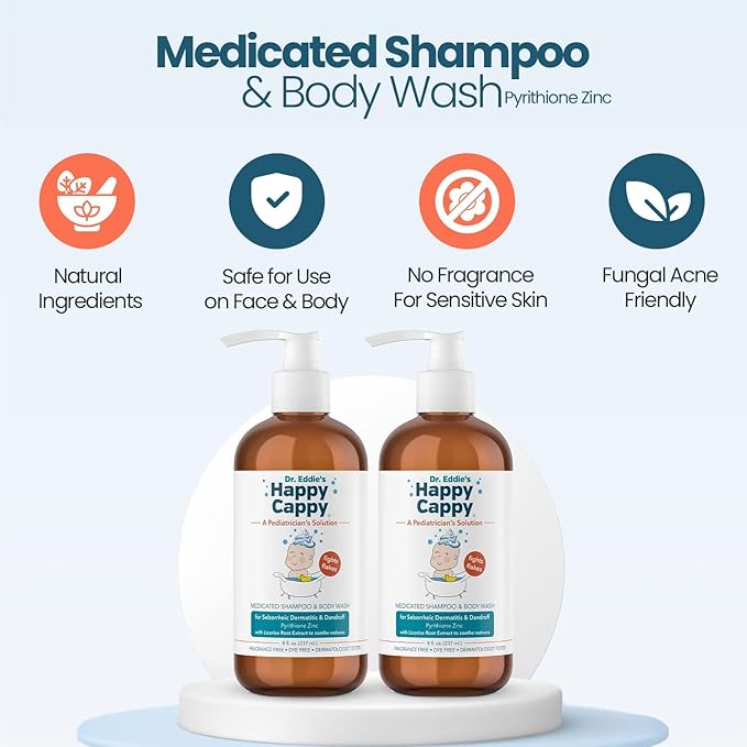 Happy Cappy Medicated Shampoo and Body Wash- Baby Dandruff Shampoo, Helps Cradle Cap and Seborrheic Dermatitis, Reduces Redness, Dermatologist Tested, Fragrance-Free- 8 Fl Oz (Pack of 2)