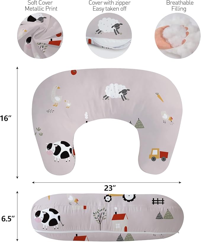Little Grape Land New Nursing Pillow for Breastfeeding, Larger Breast Feeding Pillow and Positioner with Removable Cover for More Support, Tummy Time and Bottle Feeding Support Pillow, Pink Ranch