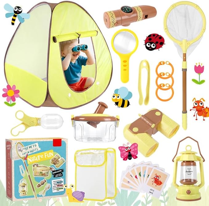 STEM Outdoor Exploration Kit for Kids Ages 3-12, 21PCS Bug Catcher Set with Pop-Up Tent Binoculars Magnifying Glass Camping Adventure Educational Toys Gift for Boys Girls Bug Catcher Kit for Toddlers