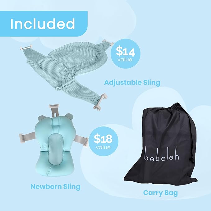 BEBELEH™ Collapsible Baby Bathtub – Bathtub + Baby tub Sling + Newborn Sling – Baby Bathtub Newborn to Toddler 0-24 Months – The Ultimate Travel Baby Bath Tub and Everyday Use! (Blue)