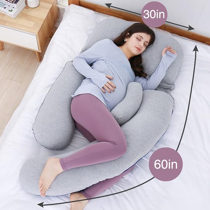 AS AWESLING 60in Full Body Pillow | Nursing, Maternity and Pregnancy Pillow | Extra Large U Shape Pillows with Detachable Side, Separate Support Pillow and Removable Cover (Velvet and Jersey Grey)