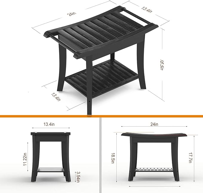 Zhuoyue Bamboo Shower Stool Bench Waterproof with Storage Shelf for Shaving Legs or Spa Bath Seat in Bathroom & Inside Shower for Adults Seniors Elderly (24 x 13.4 x 18.5 inches+Black)