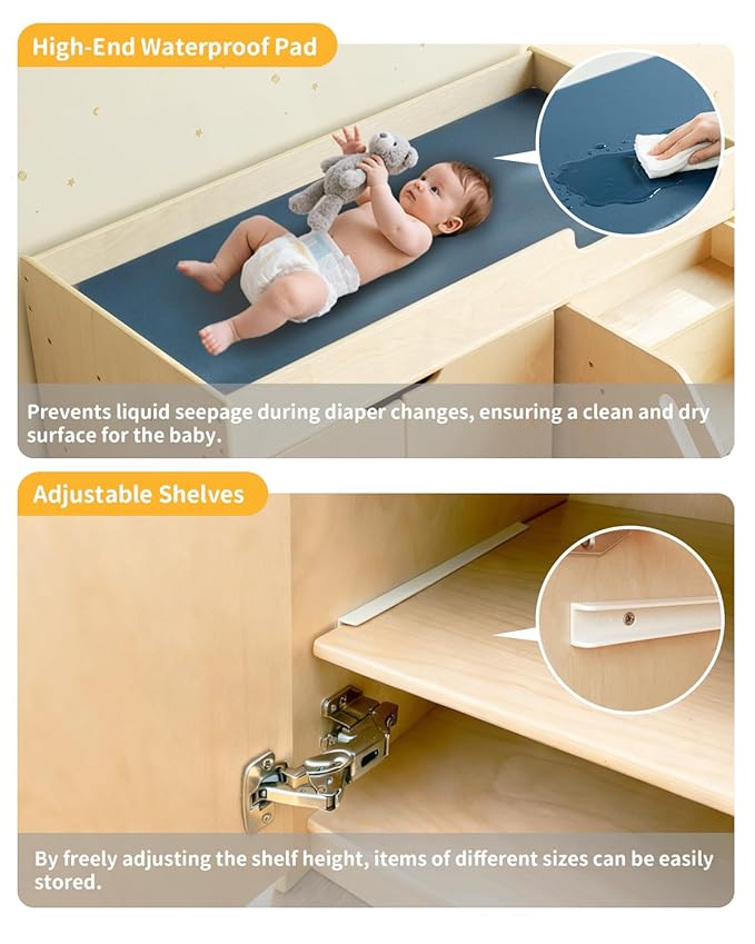 Wooden Baby Changing Table with Stairs & Storage, 100% Birch Plywood Toddler Diaper Changing Station with Tissue Holder, Montessori Furniture for Daycare, Nursery, Home, School