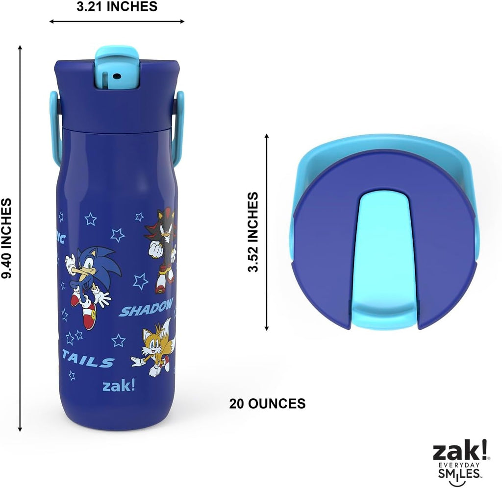 Zak Designs Harmony Sonic the Hedgehog Water Bottle for Travel or Home, 20oz Recycled Stainless Steel is Leak-Proof When Closed and Vacuum Insulated with Straw Lid and Carry Handle (Sonic & Friends)