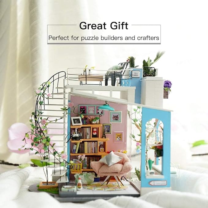 Rolife DIY Miniature House Kit Dora's Rooftop, Tiny House Kit for Adults to Build, Mini House Making Kit with Furnitures, Halloween/Christmas Decorations/Gifts for Family and Friends (Dora's Rooftop)