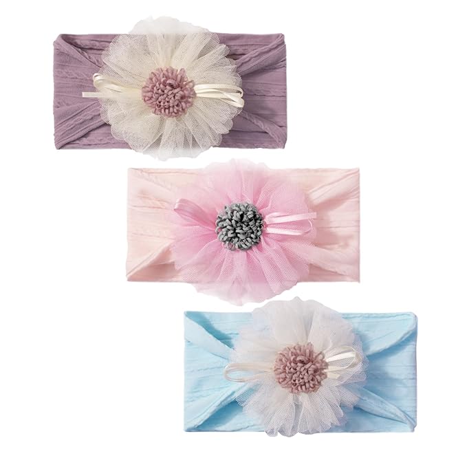 Baby Girls Sunflower Headbands, 3 Pack Baby Hairband Hair Bows Lace and Stretchy Elastic Accessory for Newborn Infants Toddlers (Purple+Blue+Pink, One Size(Stretchy))