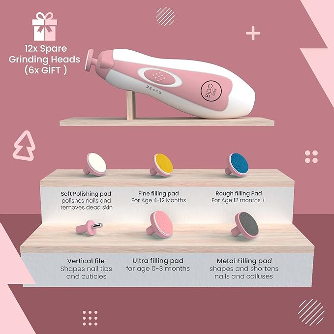 BİDO Baby Nail Trimmer File Electric-Safe Baby Nail Clippers,Manicure Kit for Newborn Toddler and Kids,12 Grinding Heads and LED Light, Pink or Blue (Pink)