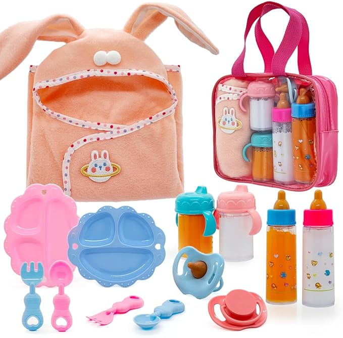 Baby Doll Accessories Magic Bottle Set - 13 Pieces Doll Feeding Pretend Playset with Disappearing Milk & Juice Bottles, Pacifiers Bowl and Bath Towel Doll Bottle Toys set Gift for Kids Girls Ages 3+