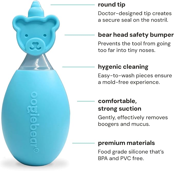 oogiebear BearPair FSA/HSA Eligible Silicone Bulb Baby Nasal Aspirator and Ear & Nose Syringe, Safely Sucks Snot and Removes Mucus, Cleanable and Reusable, Blue