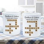 Family Forever Linked Together Custom Names Ceramic Mug, Crossword Puzzle Art, for Birthday, Anniversary or Special Occasions (Brothers & Sisters Forever Linked Together White Mug Ver 2)