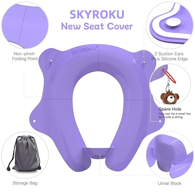 SKYROKU Foldable Kids Toilet Seat – Portable & Anti-Slip Travel Potty Training Seat for Toddlers, DIY Stickers, Storage Bag, Easy Clean & Compact for Home, Daycare, Grandparents House (Ages 2-6)
