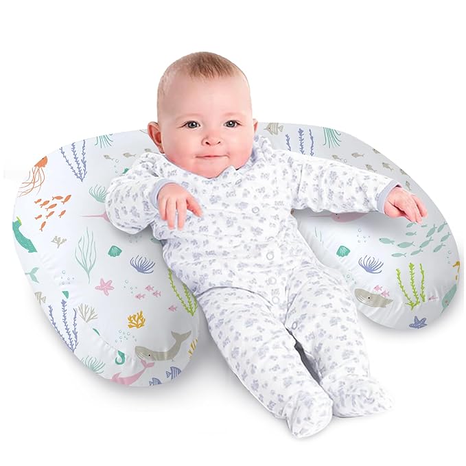 Little Grape Land Nursing Pillow for Infants, Breastfeeding Pillows, Baby Support Pillow for Nursing, Bottle Feeding, Tummy Time with Machine Washable Cover & Breathable Filling, Ocean Word