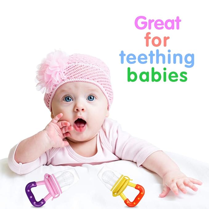 Baby Fruit Feeder by HAOBAOBEI, Frozen Teething Toys for Babies, Fruit Pacifier Feeder with 4 Sizes Silicone Pouches, Eating Essentials, BPA Free Feeding Supplies -2 Pack (Pink Yellow)