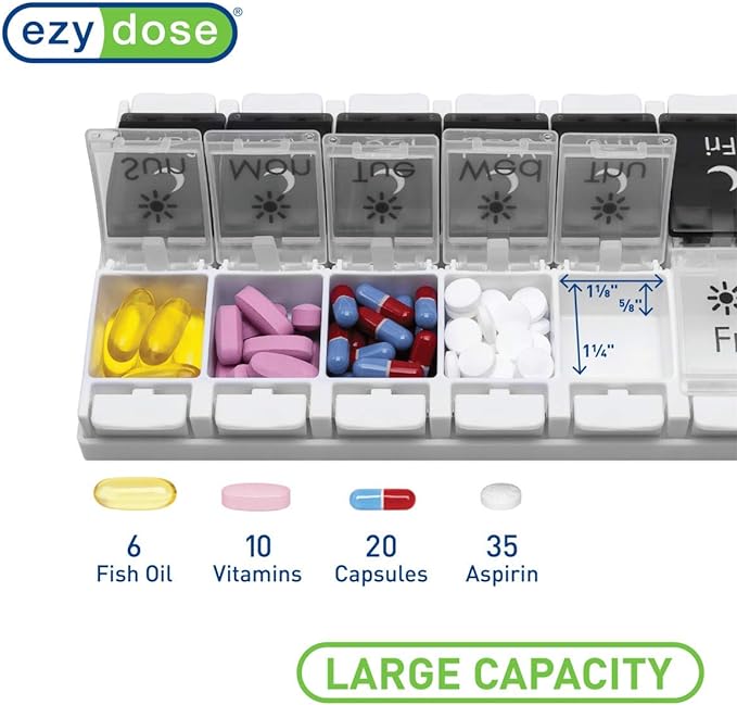 EZY DOSE Push Button (7-Day) Pill Case, Medicine Planner, Vitamin Organizer, 2 Times a Day AM/PM, Removable Trays, Large Compartments, Arthritis Friendly, Spring Open Black and White Lids, BPA Free