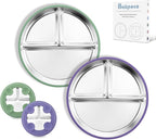 Stainless Steel Toddler Plate with Suction, 8” Divided Plates with Removable Silicone Sleeves for Baby, Non Toxic & BPA Free | Non Slip | Unbreakable Kids Snack Dishes Set of 2, Green & Purple