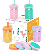 Tronco [4 Pack] 10 oz 2-in-1 Stainless Steel Kids Tumbler Cups with Silicone Sleeves, Spill-Resistant Flexible Straws & Storage Lids, BPA-Free Smoothie and Snack Cups, Dishwasher Safe