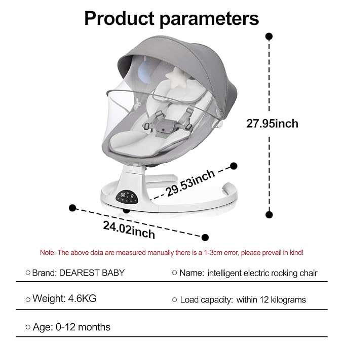 Baby Swing for Newborn to Toddler, 5 Speed Portable Infant Swing with Bluetooth Touch, Remote Control, 10 Lullabies, Timer, 5 Point Harness and Soft Fabric (Grey)
