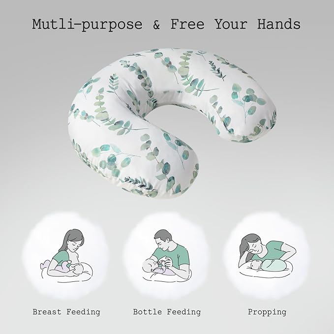 Little Grape Land Nursing Pillow for Infants, Breastfeeding Pillows, Baby Support Pillow for Nursing, Bottle Feeding, Tummy Time with Machine Washable Cover & Breathable Filling (Green Leaves)
