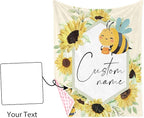 Personalized Newborn Blanket – Soft Flannel Receiving Swaddle with Double-Layer Dotted Backing – Bee and Yellow Flower Design