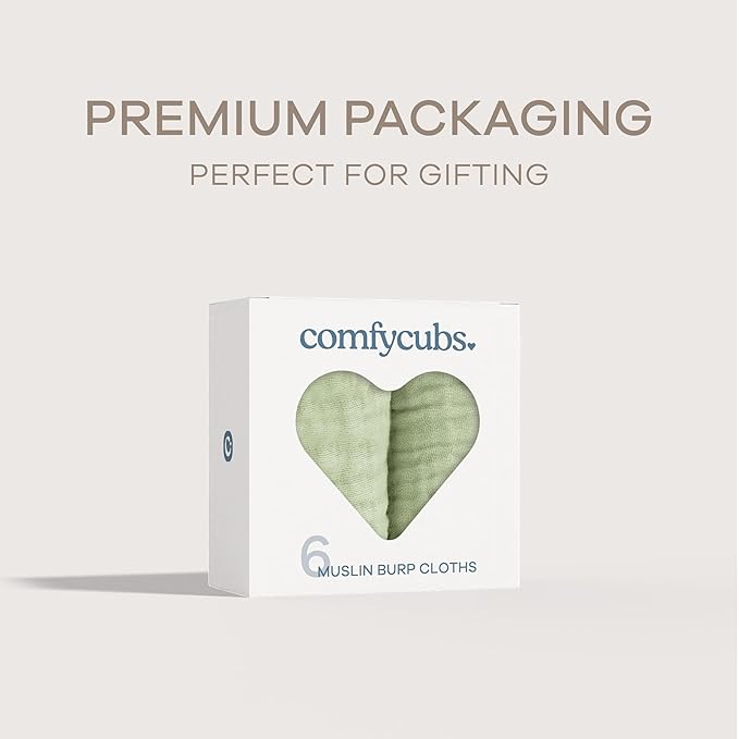 Comfy Cubs Muslin Burp Cloths 20" x 10", Pack of 6 - Large, 6-Layer, Ultra Absorbent 100% Cotton for Baby Drool and Messes - Soft, Safe & Gentle Baby Burp Cloths Set for Boys & Girls - Sage