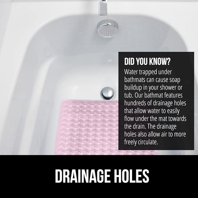 GORILLA GRIP Patented Bath Tub Shower Mat, Machine Washable Bathtub Floor Liner Mats, Suction Cups and Drain Holes to Keep Tubs Clean, Soft on Feet, Bathroom Essentials, 35x16 Inch, Clear Light Pink